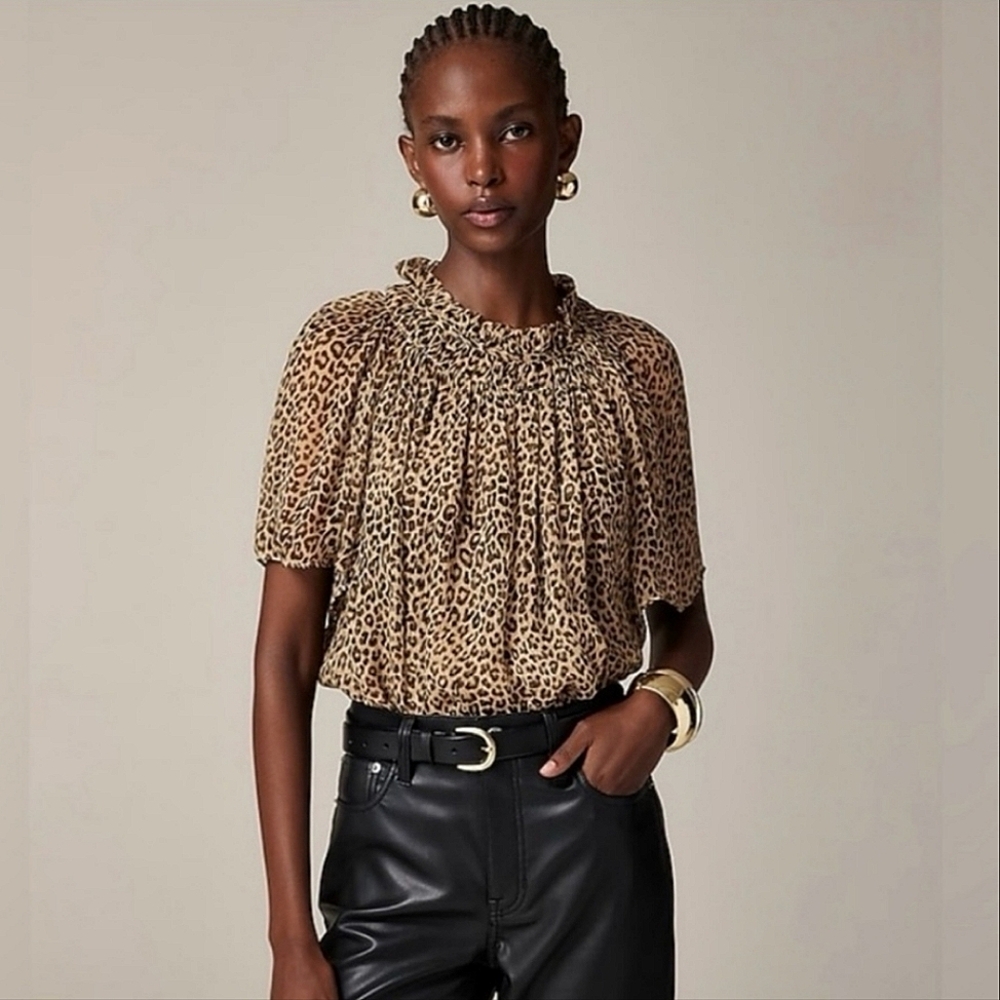 J. Crew Crinkle Chiffon Smocked Top In Leopard Print